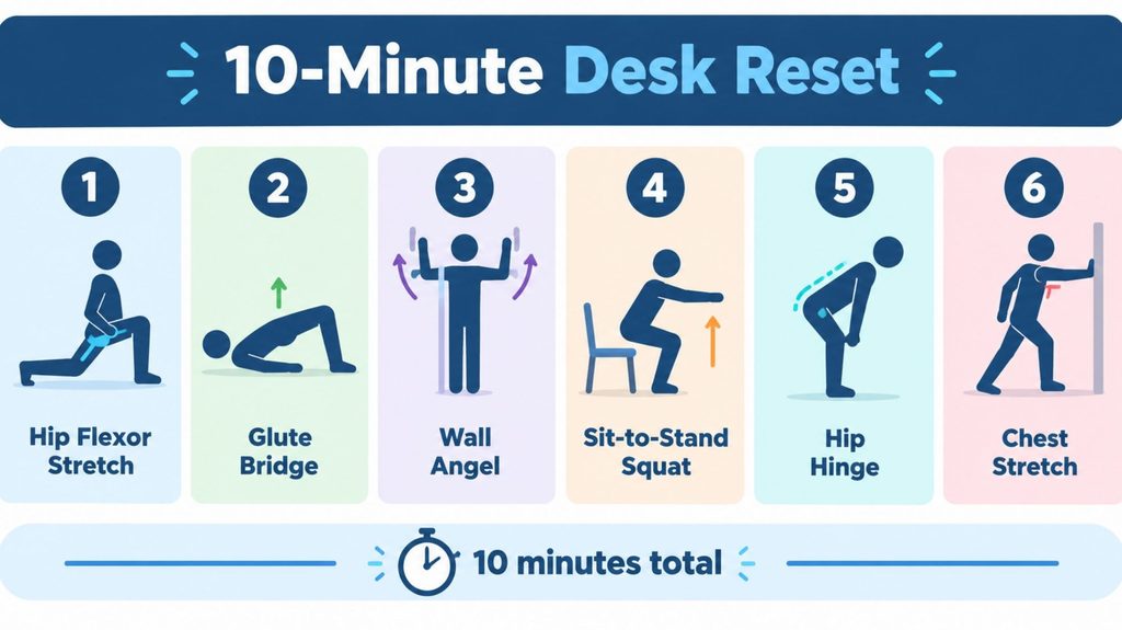 Infographic of a 10-minute desk reset routine with 6 exercises for people who sit all day: hip flexor stretch, glute bridge, wall angel, sit-to-stand squat, hip hinge, and chest stretch