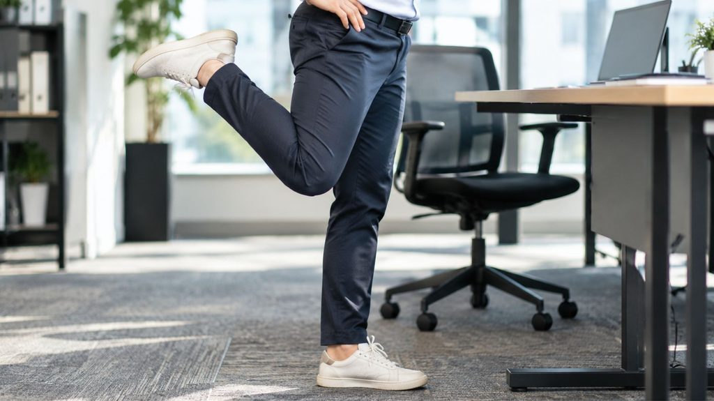 Close-up of a person doing a standing hip flexor stretch at their desk during a short movement break