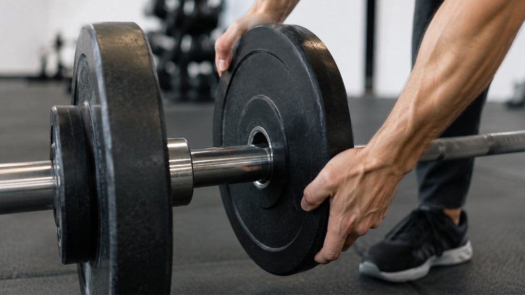 Close-up of hands loading a weight plate, representing low-volume strength training for busy adults