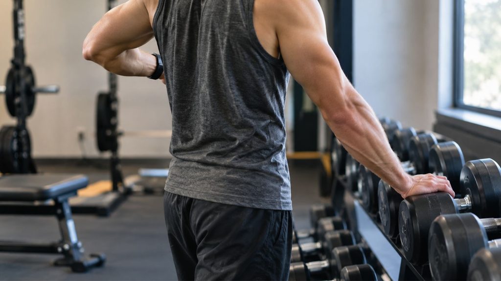 Person checking a timer during a short strength training session, illustrating minimum effective dose workouts