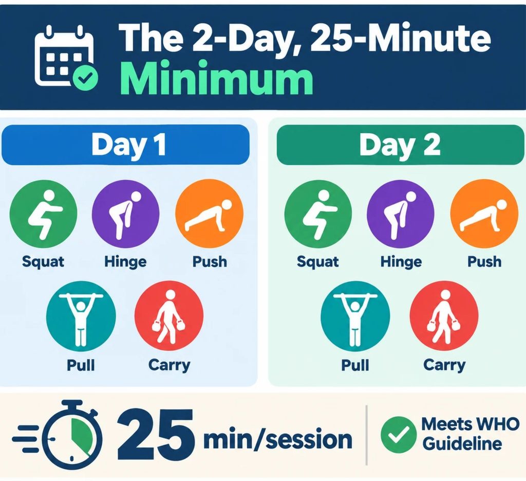Infographic showing a 2-day, 25-minute minimum effective dose strength training template covering squat, hinge, push, pull, and carry