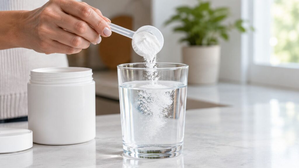 Close-up of creatine powder being mixed into water, illustrating daily supplement dosing for women over 40