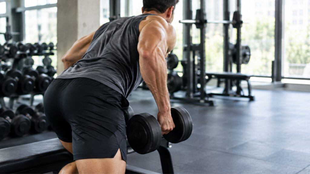 Man over 40 performing a dumbbell exercise as part of a 3-day, 30-minute workout plan