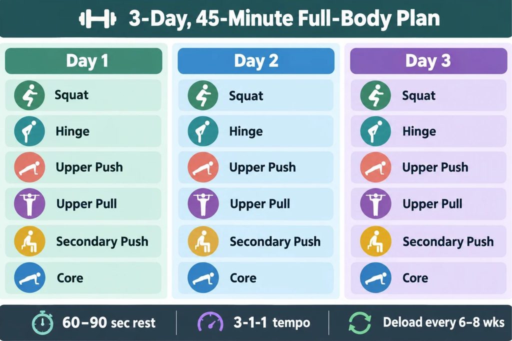 Infographic of a 3-day 45-minute full-body workout plan showing squat, hinge, upper push, upper pull, secondary push, and core exercises for building muscle after 40