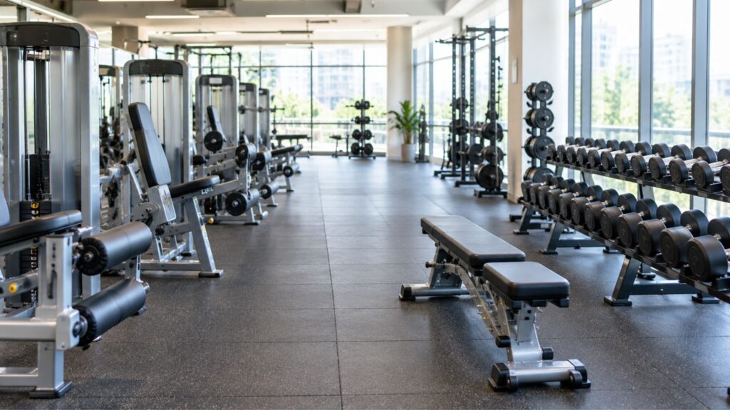 Gym floor showing weight machines and free weight equipment side by side for beginner strength training