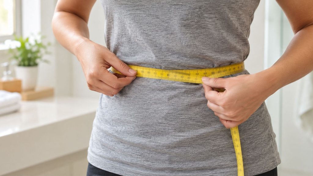 Hands wrapping a tape measure around the waist to track belly fat after 40