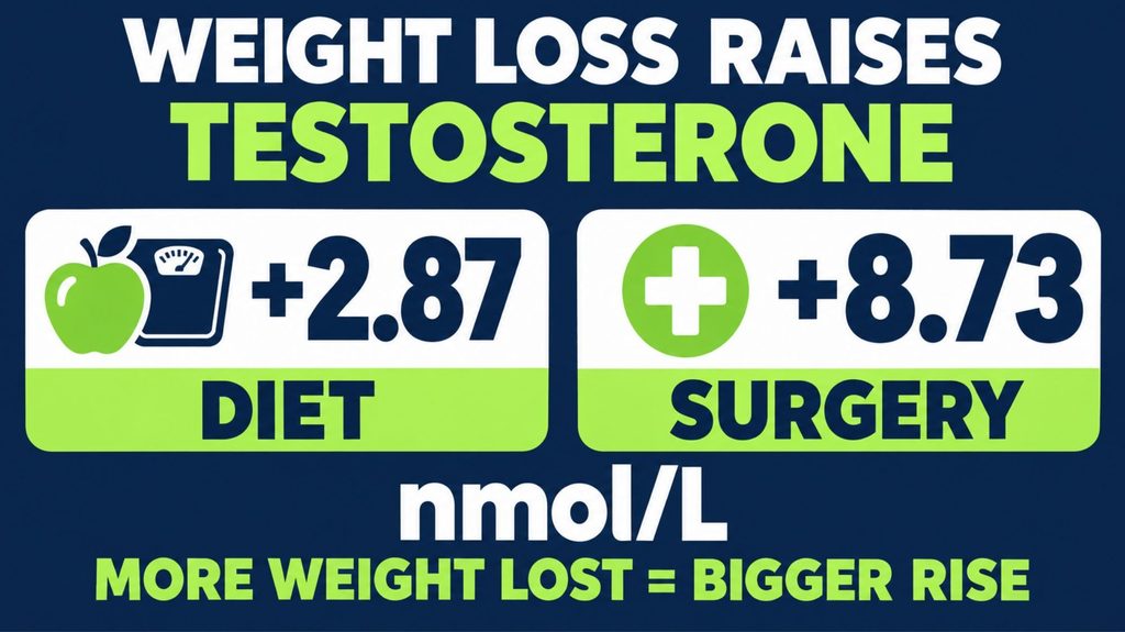  Infographic showing average testosterone rise in men with obesity: +2.87 nmol/L with diet and +8.73 nmol/L after weight loss surgery