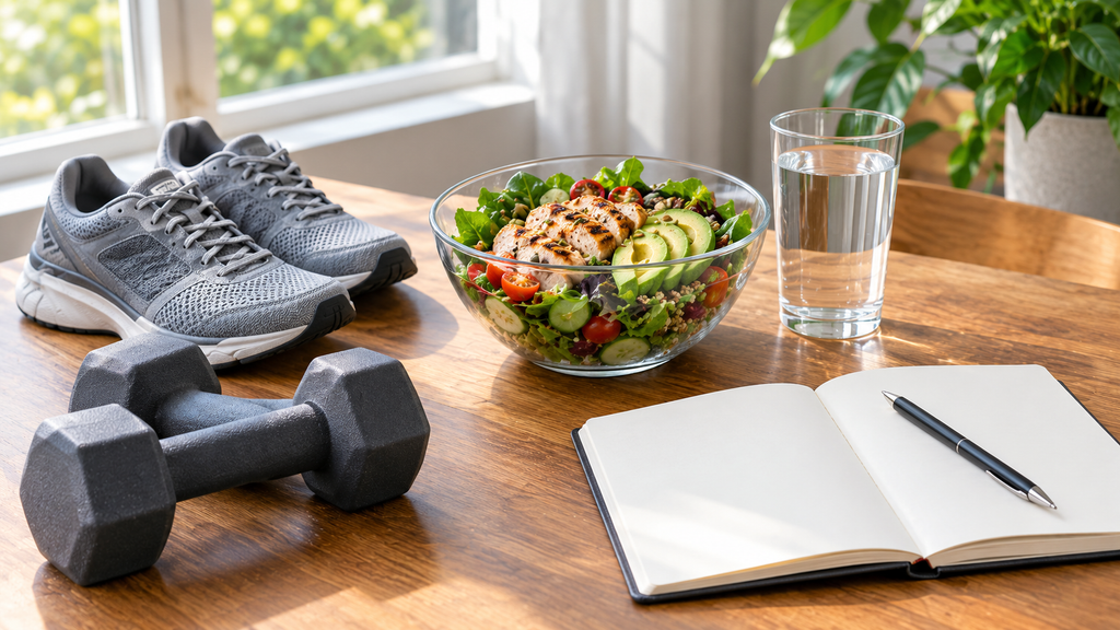  Running shoes, dumbbells and a healthy meal showing gradual fat loss and exercise for healthy testosterone levels