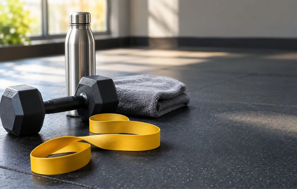 Measuring tape, dumbbell and water bottle on a gym floor representing body fat and testosterone in men
