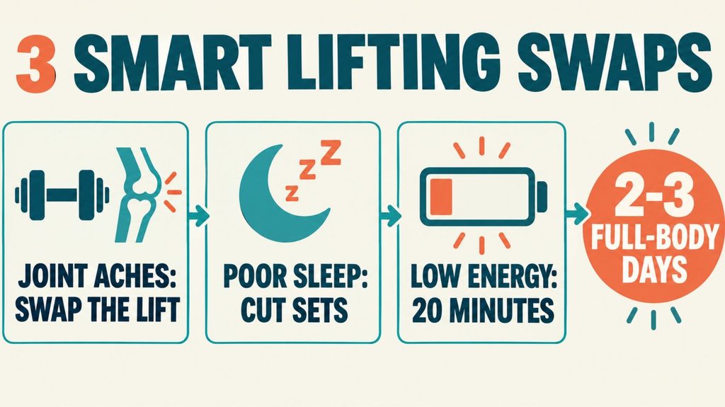 : Infographic of three menopause weight training adjustments: swap lifts for joint aches, cut sets after poor sleep, and a 20-minute low-energy session