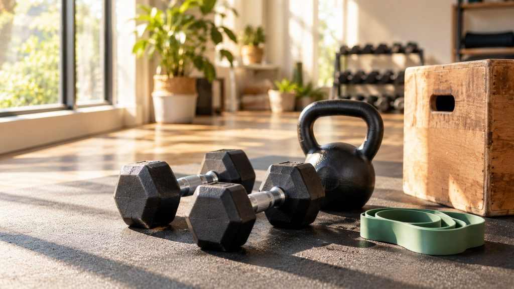Dumbbells, kettlebell, resistance band and wooden box in a sunlit studio for menopause weight training and perimenopause strength workouts