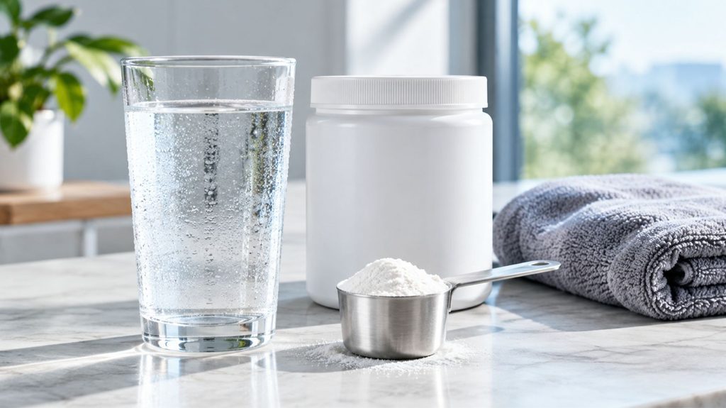 Glass of water and a scoop of creatine monohydrate powder showing normal hydration while taking creatine