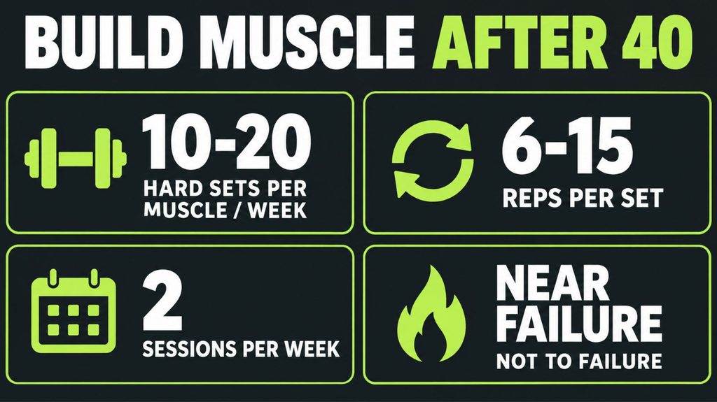Infographic showing 10 to 20 hard sets per muscle weekly, 6 to 15 reps, 2 sessions a week, training near failure