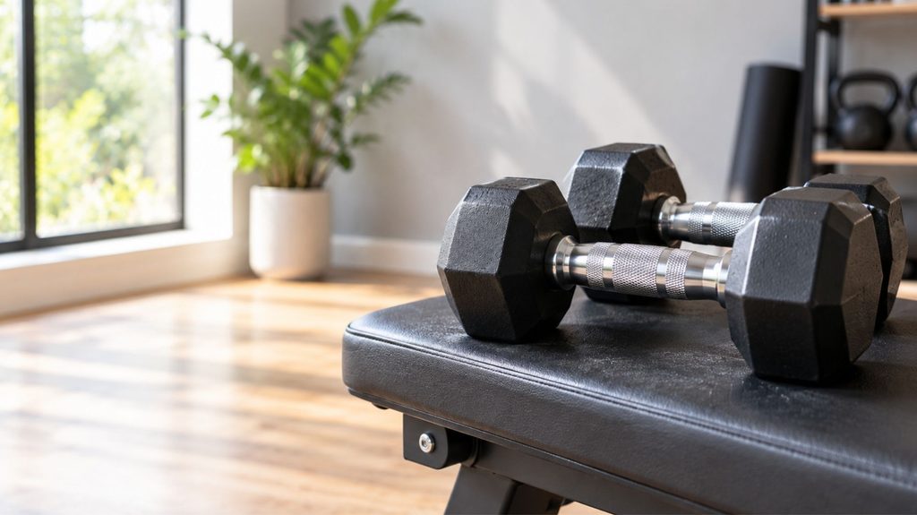 Pair of dumbbells on a workout bench for a dumbbell muscle-building plan after 40