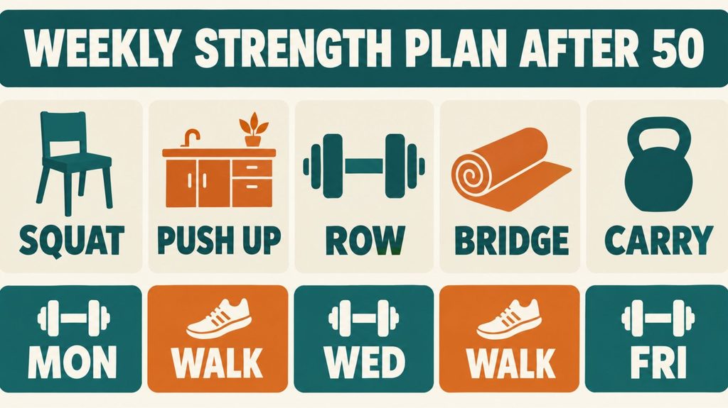 Weekly strength plan after 50 showing five moves on Monday, Wednesday and Friday with walking between