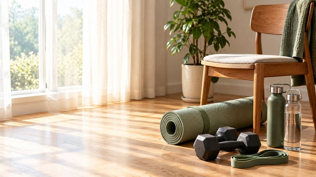 Home strength training setup with dumbbells, resistance band and yoga mat for an exercise routine after 50