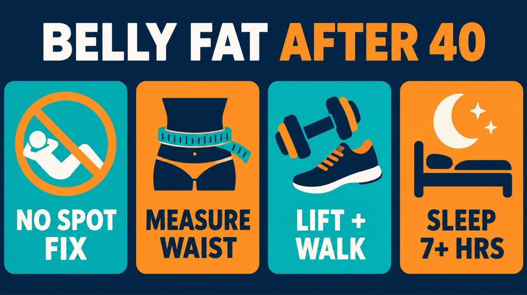 Infographic showing how to lose belly fat after 40: no spot reduction, measure your waist, lift and walk, sleep 7 hours